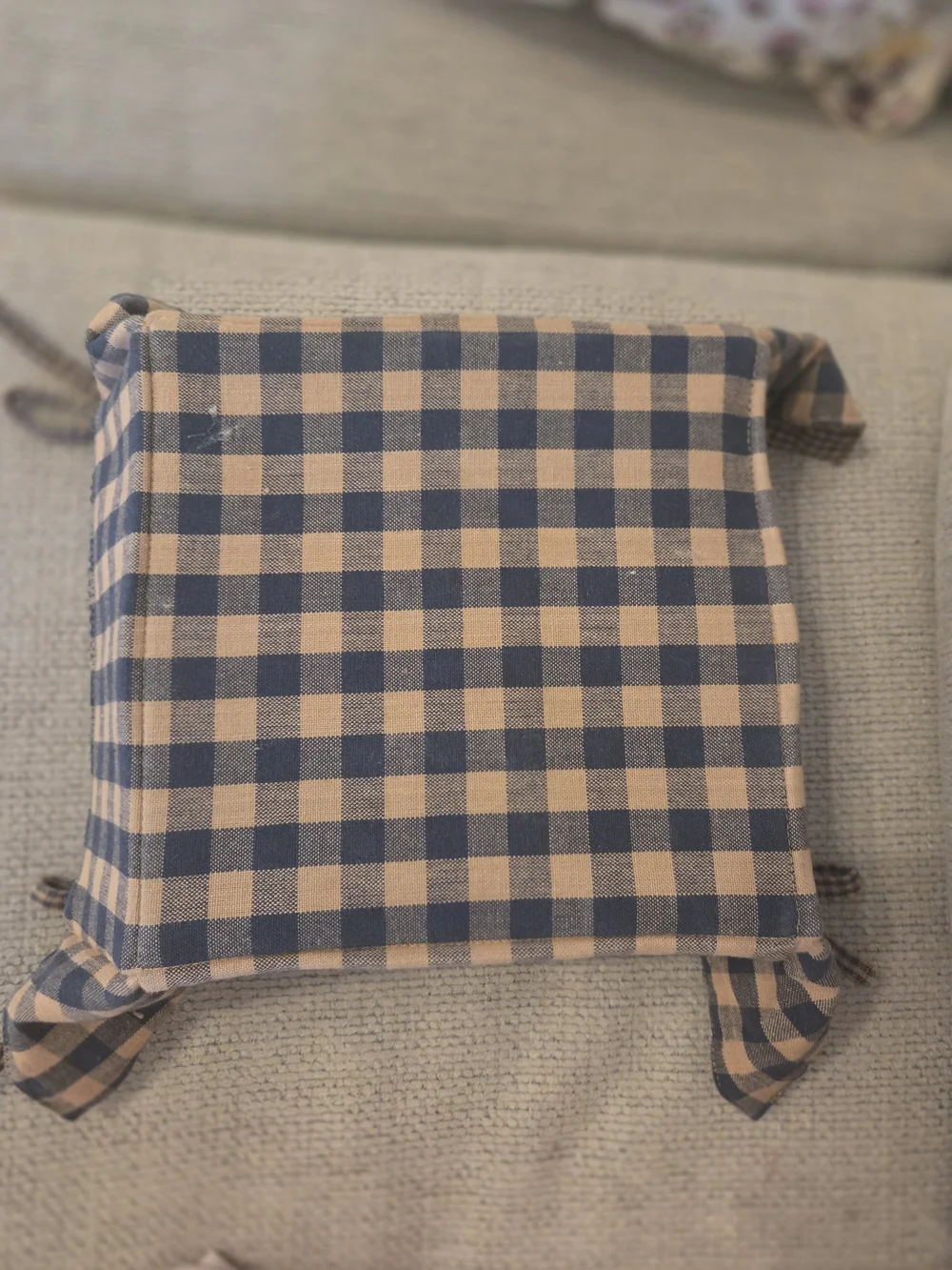 Gingham Fabric Tray with Corner Ties